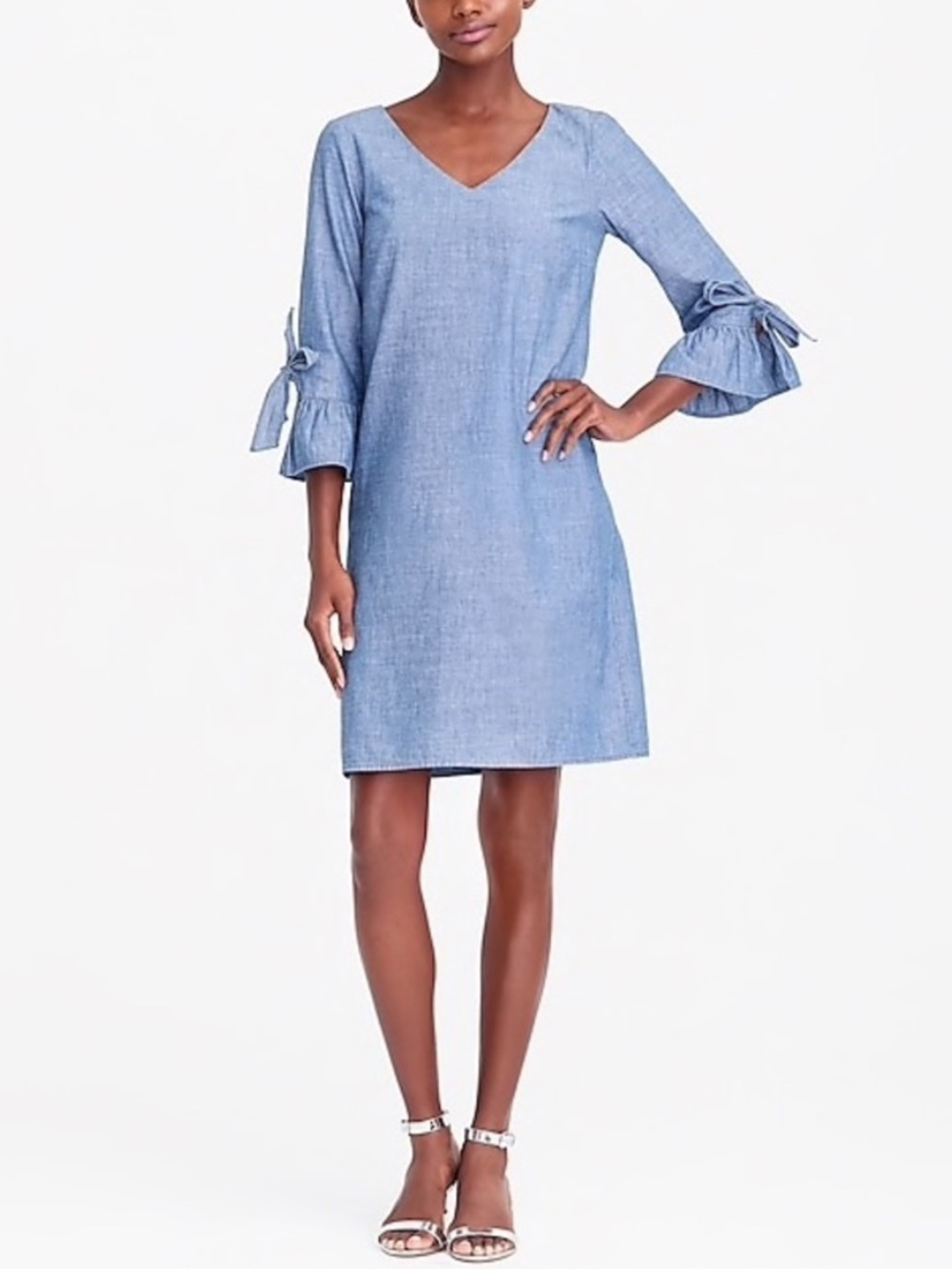 J. Crew Factory 100% Cotton Chambray ruffle tie-sleeve dress Blue 14‎
